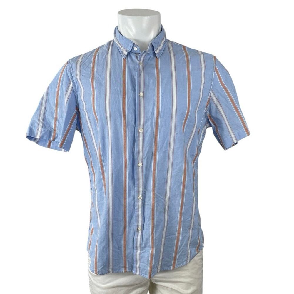 MNG Mango Men's Blue Striped Short Sleeve Casual Button Down Shirt Top Size M